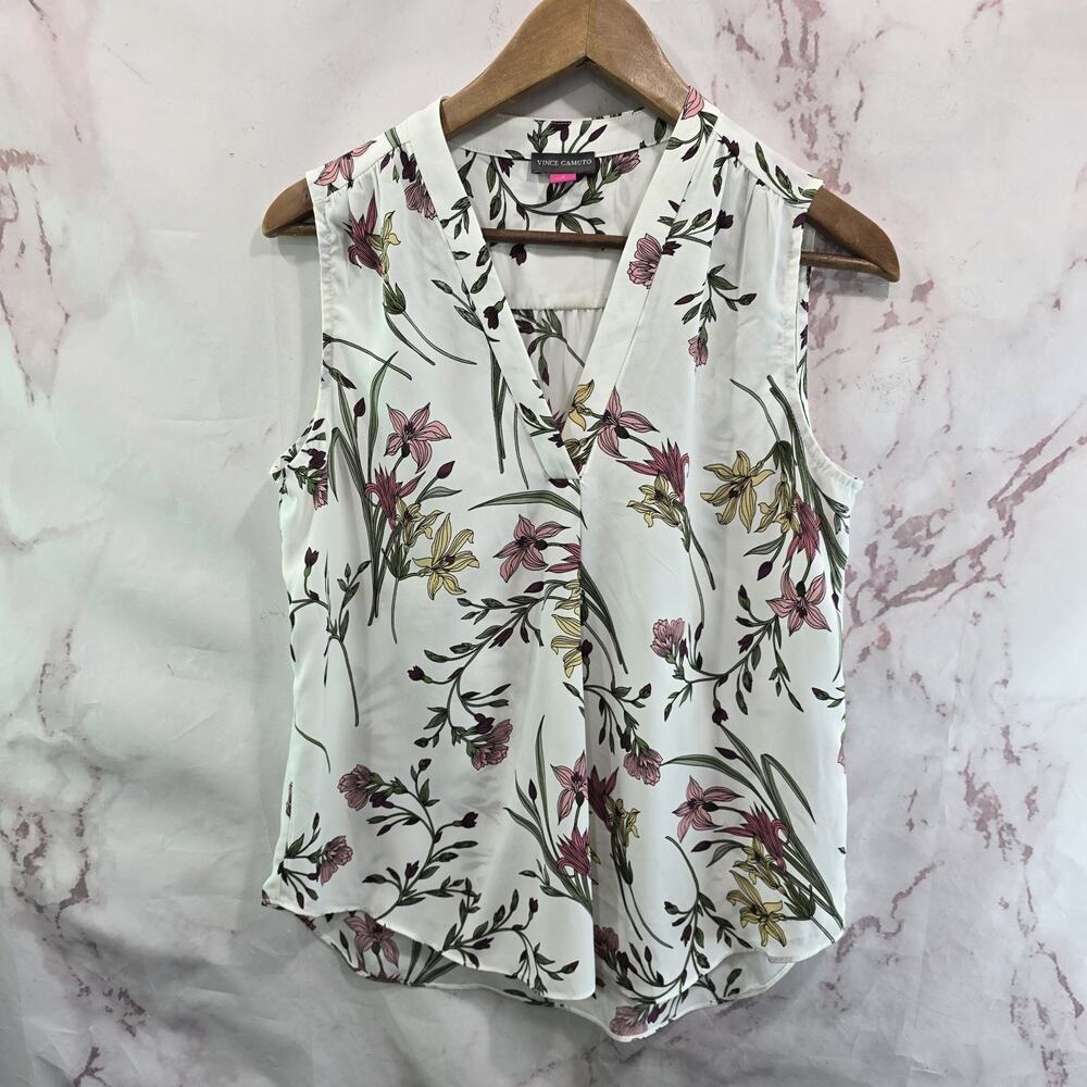 Vince Camuto Shirt Womens Small White Floral V Notch Lilly Blouse Tank Top